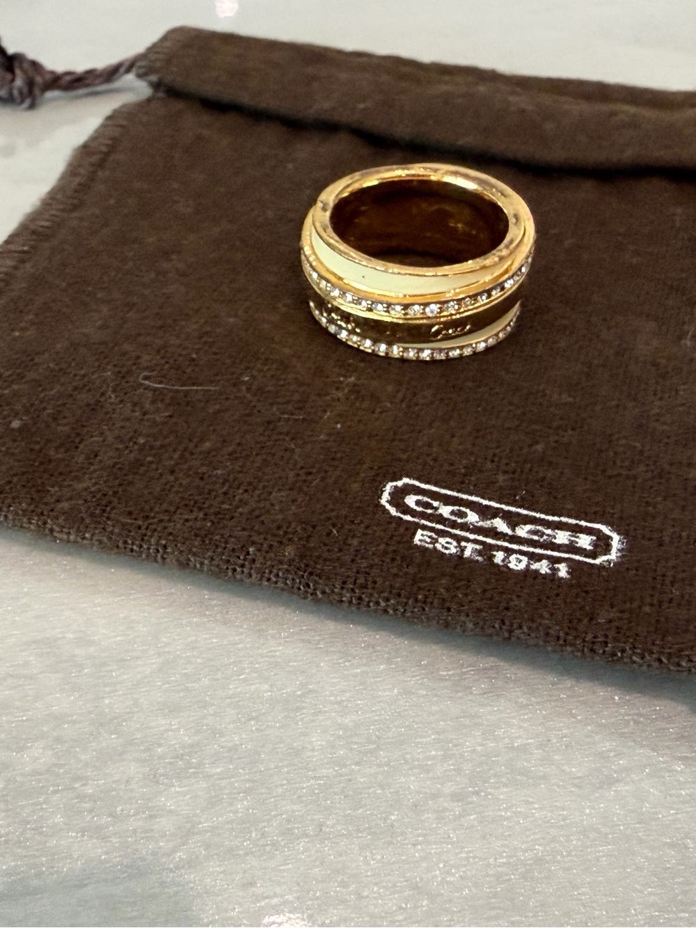 Pretty Coach Goldtone Crystal Ring with Cream Enamel, Size 6, w/Coach Ring Bag